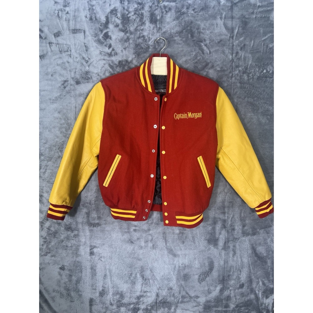 Stewart & Strauss Captain Morgan Varsity Jacket Red Wool Yellow Leather Mens L